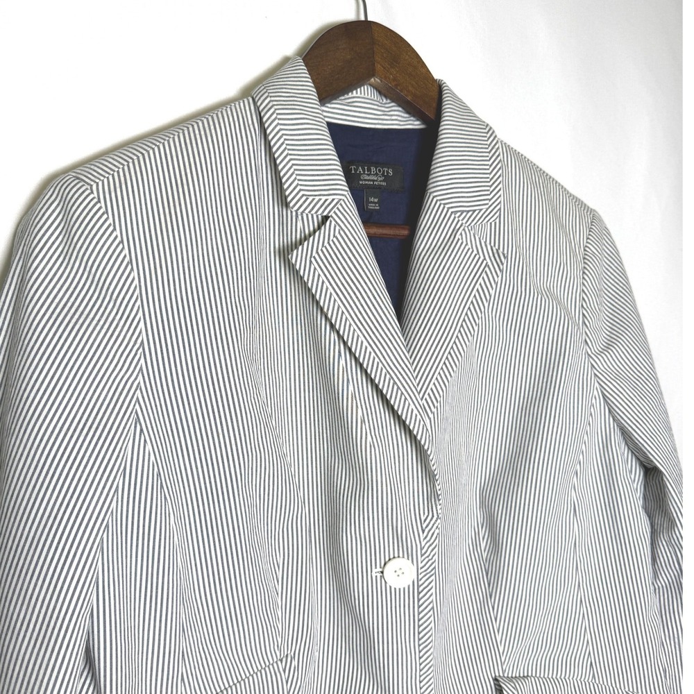 Talbots Seersucker Blazer Jacket Blue White Striped Cotton 14W Woman Petites
